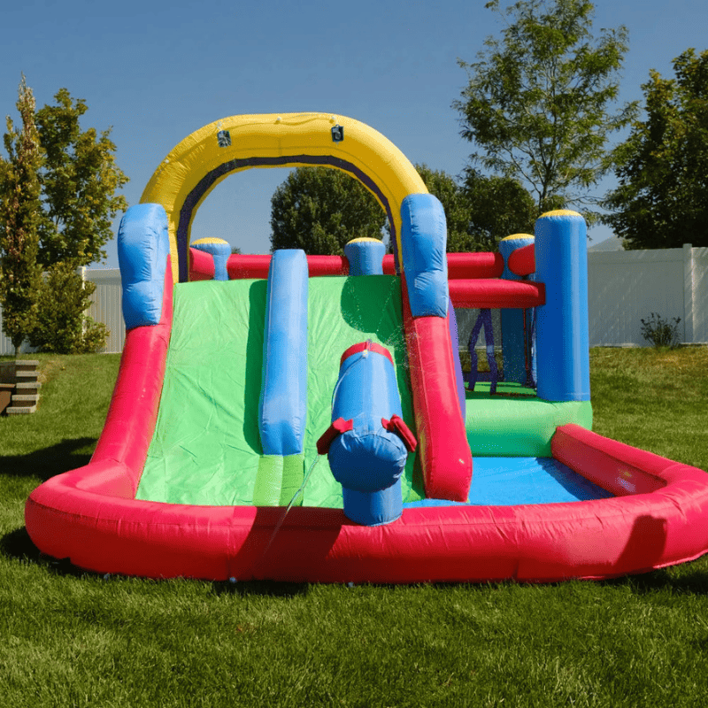 Avyna Royal Wave Bounce House 1 with Dual Lane Water Slide Front View with Cannon Shooting Water