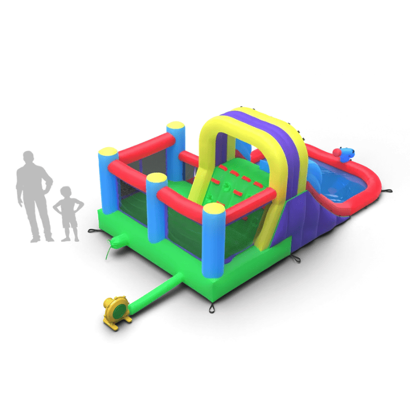 Avyna Royal Wave Bounce House 1 with Dual Lane Water Slide Rear Render with People for Size Comparison