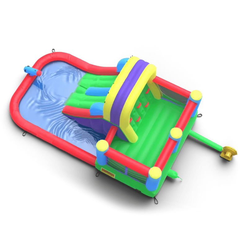 Avyna Royal Wave Bounce House 1 with Dual Lane Water Slide Top Render View with Blower Attached