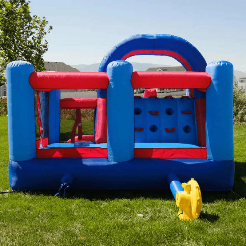 Avyna Royal Wave Bounce House 2 with Dual Lane Water Slide Rear Climbing Wall View with Blower Attached