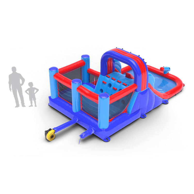 Avyna Splash Zone Racer Pro Bounce House with Water Slide Rear Render with Blower and People for Size Comparison