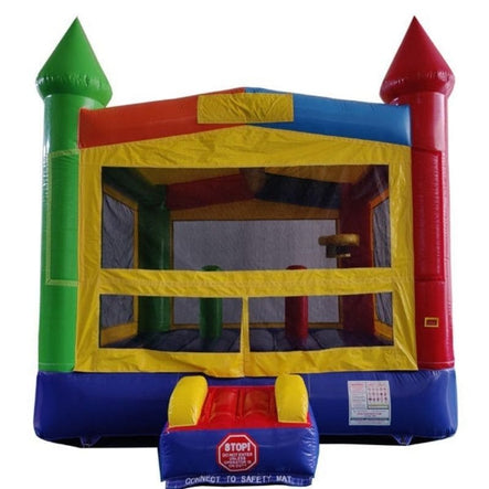 13x13 Rainbow Castle Bounce House Front View with Bright Towers
