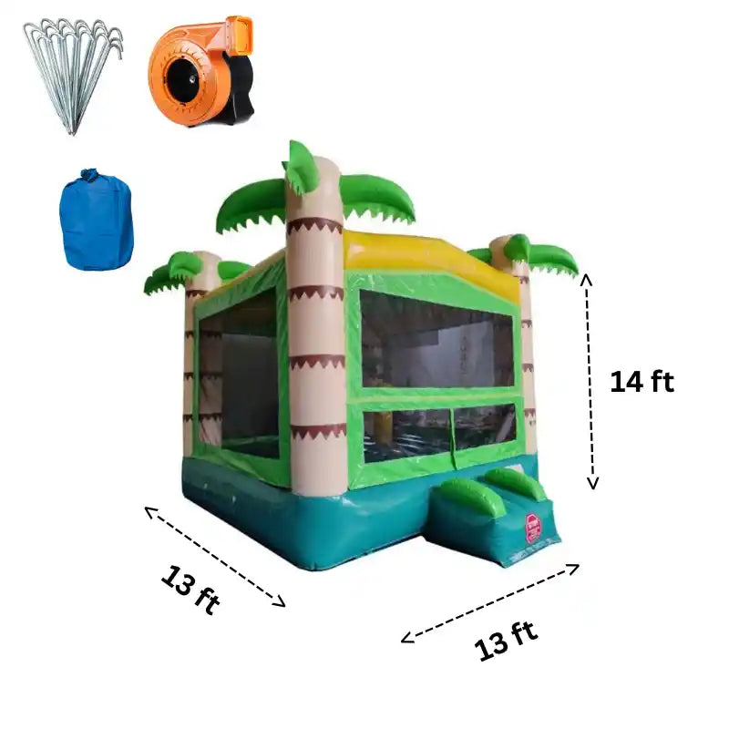 Eagle Bounce 13x13 Palm Tree Bounce House Front Right View with Dimensions and Accessories Included