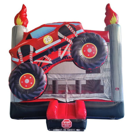 Monster Truck Bounce House front view with giant tire graphics