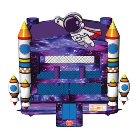 Space Bounce House front view with astronaut and rocket graphics