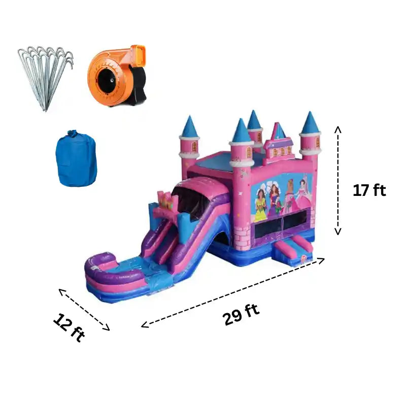 Dimensions and Accessories of Dual Lane Princess Combo Bounce House Wet and Dry