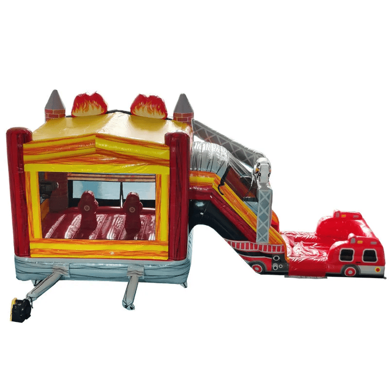 2-Lane Firetruck Bounce House Combo Wet n Dry with Slide in Red Rear View