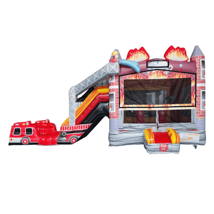 Fire Truck Bounce House Combo Wet and Dry front view with dual lane slide