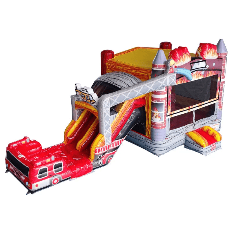 2-Lane Firetruck Bounce House Combo Wet n Dry with Slide in Red Front Right View