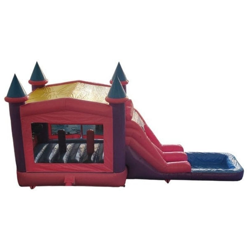 Rear View of Pink Castle Bounce House with Slide by Eagle Bounce