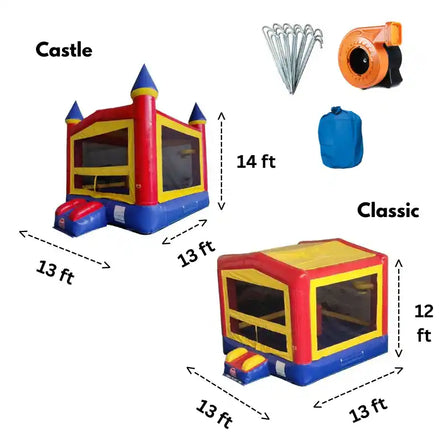 Included blower and accessories for the 13x13 Castle Bounce House with Dimensions