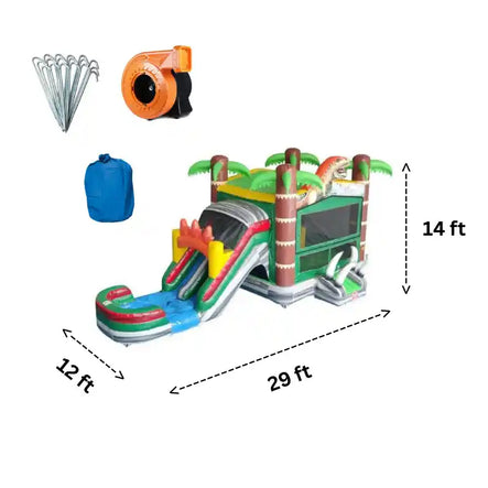 Dimensions and accessories view of Dinosaur combo with slide and pool