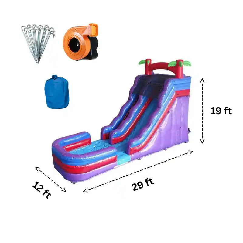 Dimensions and Accessories Included with 19 FT Inflatable Purple Wet and Dry Commercial Grade Water Slide