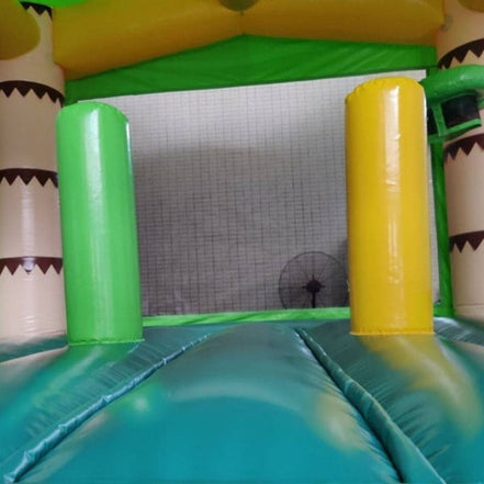 Features chart of the 13x13 Palm Tree Bounce House showing basketball hoop and pop-ups