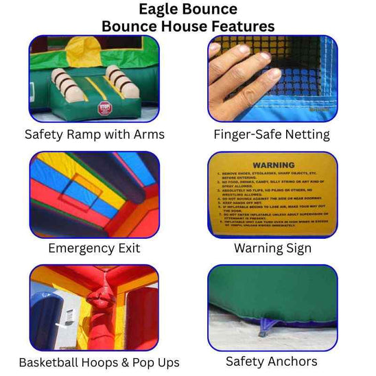 Features chart of the 13x13 Palm Tree Bounce House showing basketball hoop and pop-ups