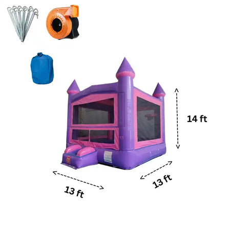 Included blower and accessories for pink castle bounce house