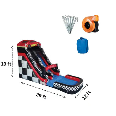 Eagle Bounce 19 FT Race Car Wet and Dry Water Slide Dimensions with Included Accessories