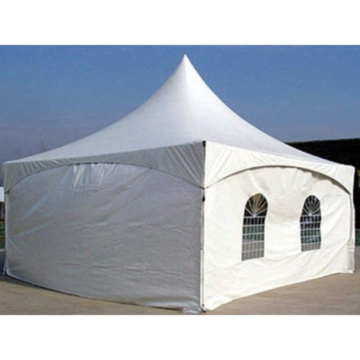 High peak tent 20x20 with block-out vinyl and clear open floor space for events sidewalls view