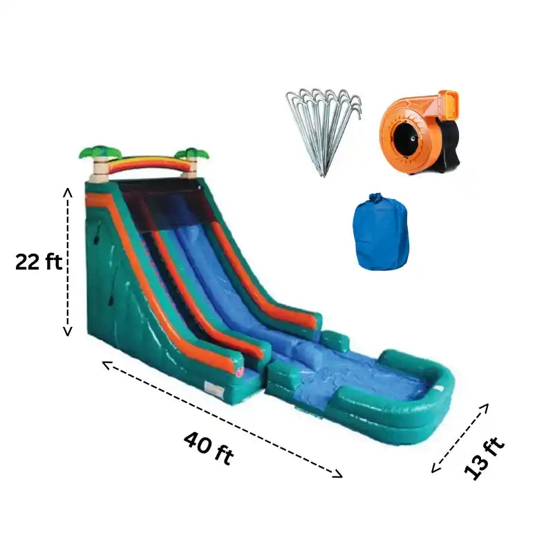 Eagle Bounce 22 FT Dual Lane Palm Tree Water Slide with Slip and Slide Slide Piece Specs and Accessories