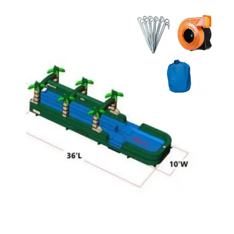Eagle Bounce 36 FT Dual Lane Palm Tree Slip and Slide Rendered View with Accessories