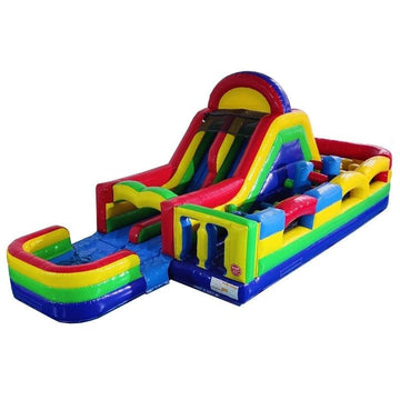 40 Ft Wet Dry Inflatable Obstacle Course with Removable Pool – Eagle Bounce OB-4102 front view rainbow theme