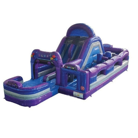 40 Ft Gamer Turbo Inflatable Obstacle Course with Removable Pool – Eagle Bounce OB-4103 front angle purple gamer theme