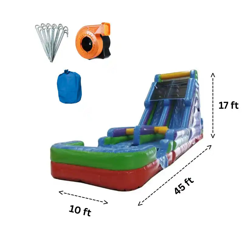 Eagle Bounce 45 FT Rainbow Dual Lane Obstacle Course with Pool Dimensions and Accessories Included