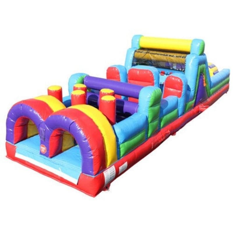 Eagle Bounce 85 FT Rainbow Inflatable Obstacle Course with Slide & Pool Obstacle Piece Front View Entrance