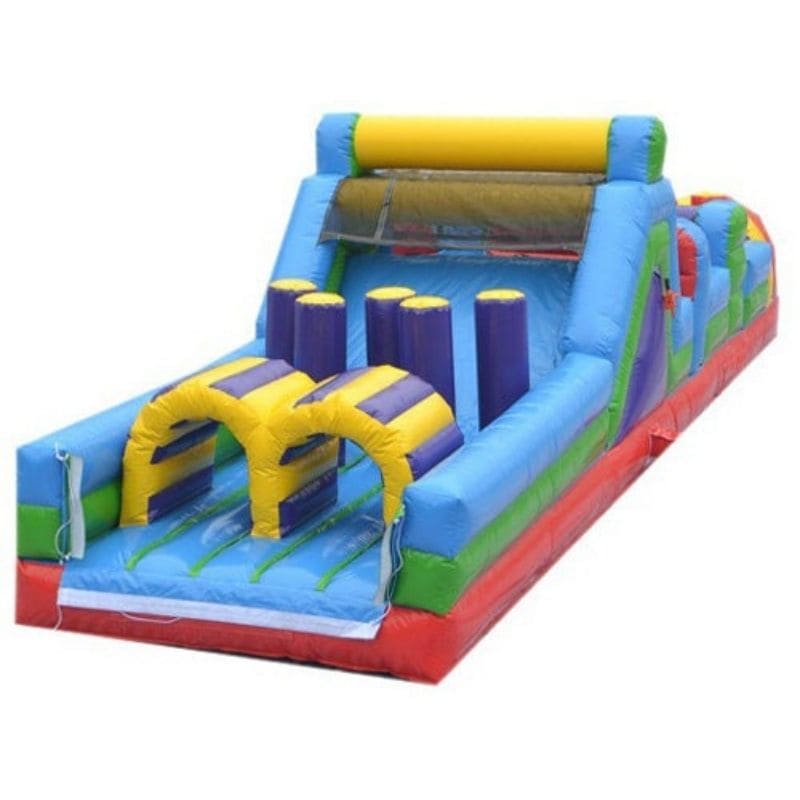 Eagle Bounce 85 FT Rainbow Inflatable Obstacle Course with Slide & Pool Rear View with Obstacles