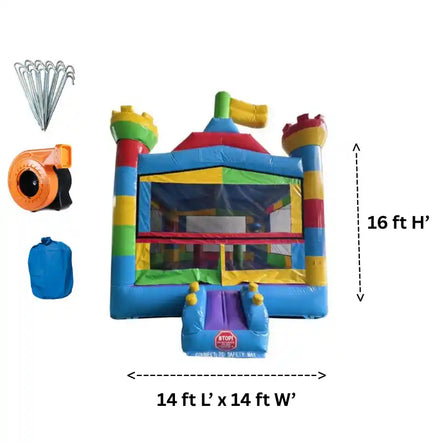 14x14 Block Castle Bounce House front view with dimensions and accessories
