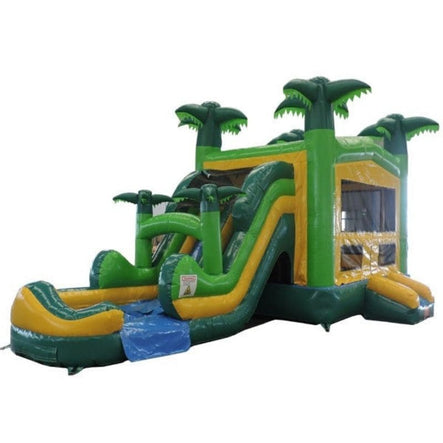 Green Combo Bounce House exterior with palm tree styling