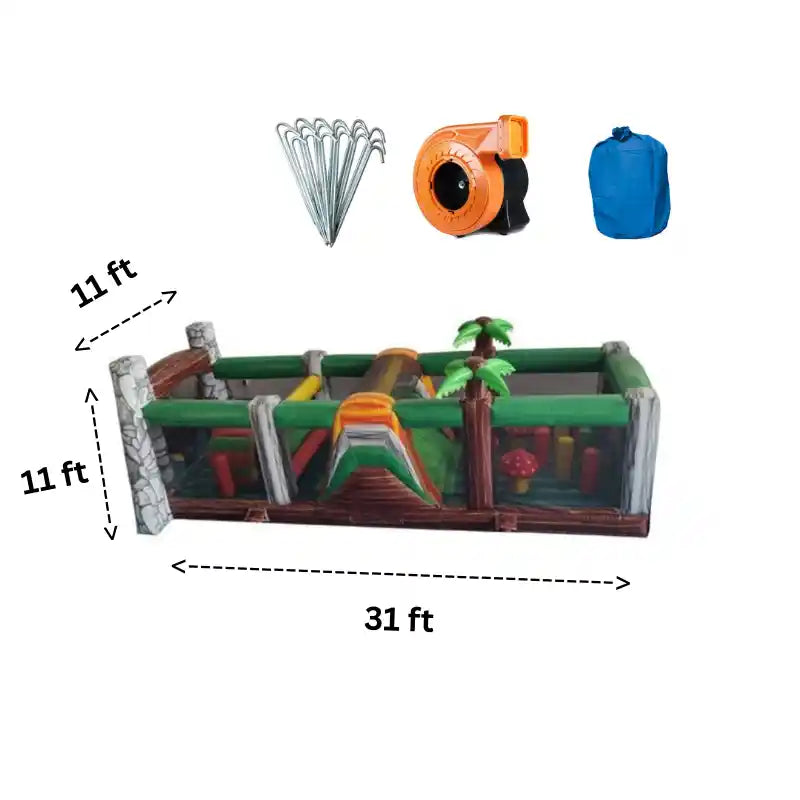Eagle Bounce Jurassic Obstacle Course Side View of 31 FT Unit with Dimensions and Accessories