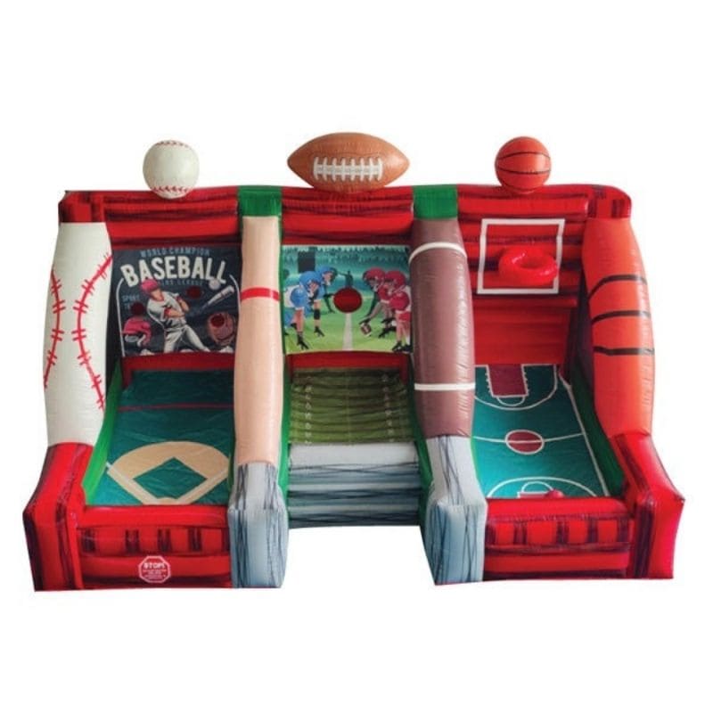 Front View of Eagle Bounce 3-in-1 Sports Inflatable Game- Baseball, Football, Basketball on White Background
