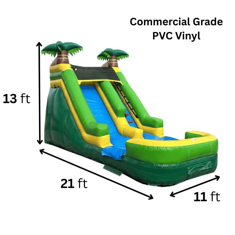 Moonwalk USA 13ft Palm Tree Inflatable Water Slide Wet/Dry Dimensions and Commercial Grade Vinyl Specifications
