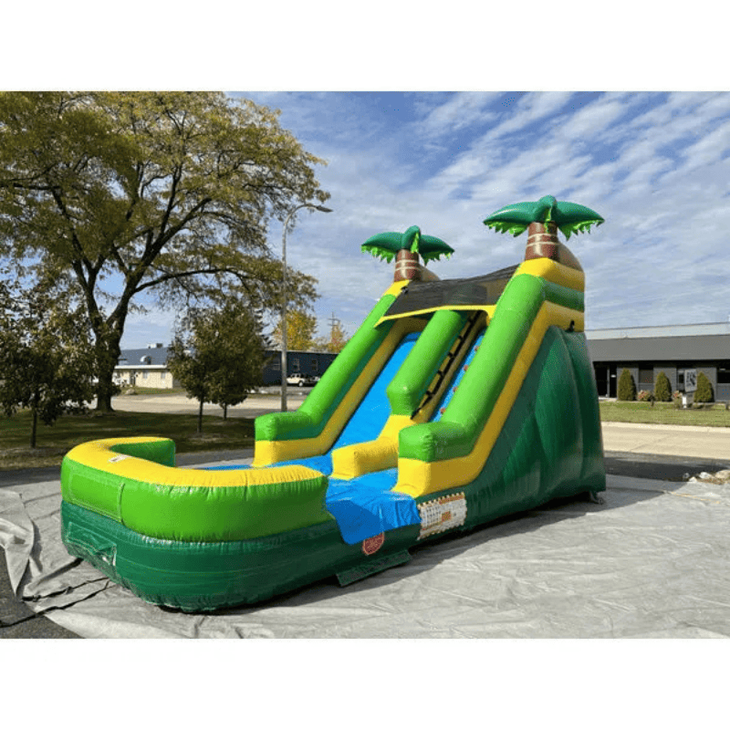 Moonwalk USA 13ft Palm Tree Inflatable Water Slide Wet/Dry Front Left View Outside on Tarp