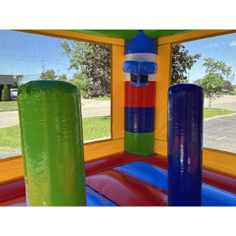 Inside view of block bounce house showing pop up and basketball hoop features
