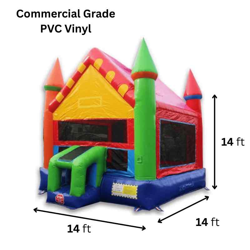 Moonwalk USA 14x14 Colorful Castle Bounce House Dimensions and Commercial Grade Vinyl Specs