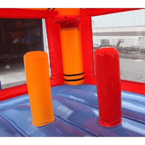 Commercial happy face bounce house pop ups and basketball hoop view