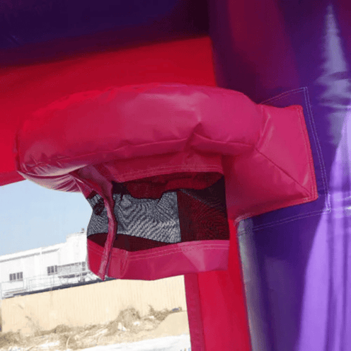 Pink castle bounce house inside view of basketball hoop