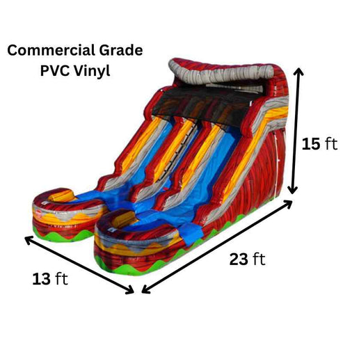 Moonwalk USA 15ft Dual Lane Fire Inflatable Water Slide W-086 23ft x 13ft x 15ft dimensions and commercial grade specifications