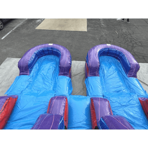 Moonwalk USA 15ft Dual Lane Purple Inflatable Water Slide W-084 racing lanes and attached pool detail