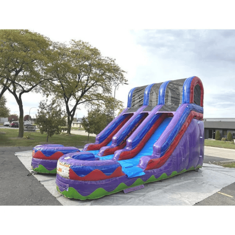 Moonwalk USA 15ft Dual Lane Purple Inflatable Water Slide Wet/Dry Front Left View Outside with Tarp Under