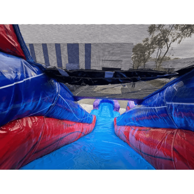 Moonwalk USA 15ft Dual Lane Purple Inflatable Water Slide Wet/Dry Top of Slide View