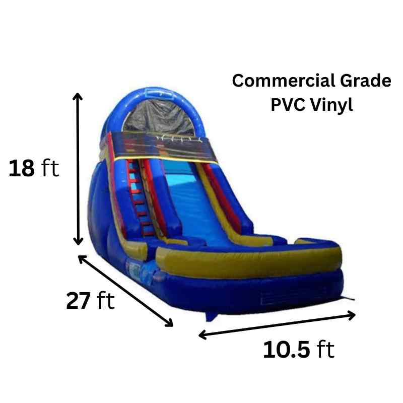 Moonwalk USA 18ft Blue Inflatable Water Slide Wet/Dry Dimensions and Commercial Grade Vinyl Specification