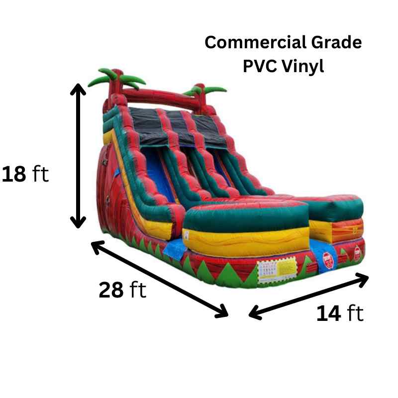 Moonwalk USA 18ft Dual Lane Fire Inflatable Water Slide Wet/Dry Dimensions and Commercial Grade Vinyl Specifications