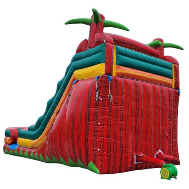 Moonwalk USA 18ft Dual Lane Fire Inflatable Water Slide Wet/Dry Rear Left View with Blower Attached