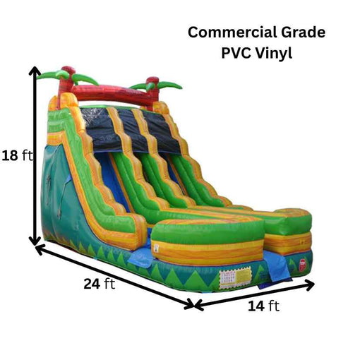 Moonwalk USA 18ft Dual Lane Palm Tree Inflatable Water Slide W-026 28ft x 14ft x 18ft dimensions and commercial grade specifications