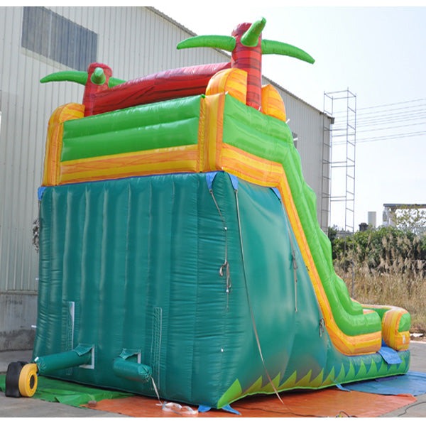 Moonwalk USA 18ft Dual Lane Palm Tree Inflatable Water Slide Wet/Dry Rear Right View with Blower Attached