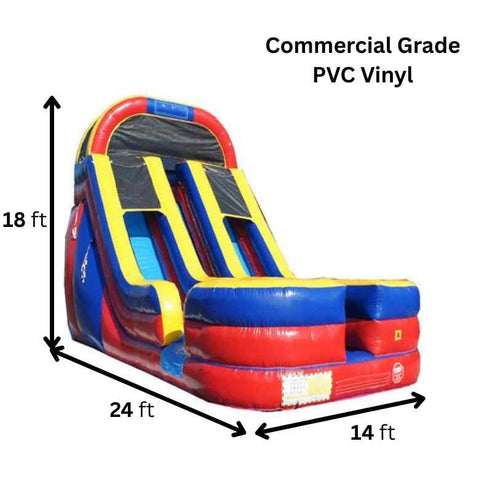 Moonwalk USA 18ft Dual Lane Primary Color Inflatable Water Slide W-031 28ft x 14ft x 18ft dimensions and commercial grade specifications