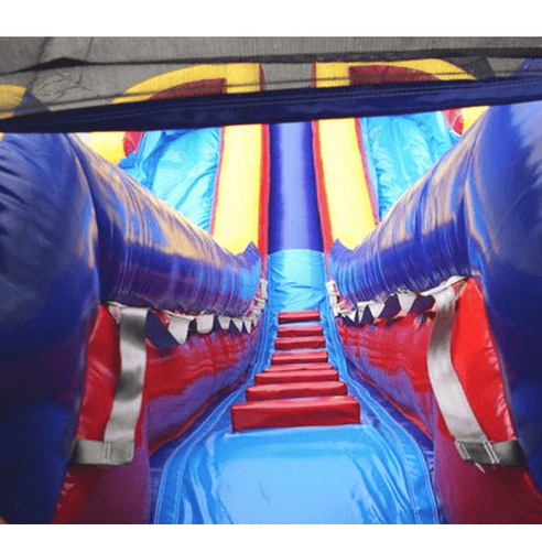 Moonwalk USA 18ft Dual Lane Primary Color Inflatable Water Slide W-031 red blue yellow racing lanes and attached pool